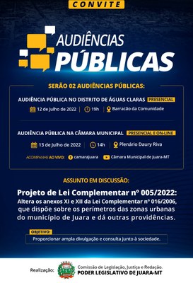 Comissão de Legislação, Justiça e Redação realizará Audiências Públicas para discutir o Projeto de Lei Complementar nº 005/2022