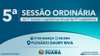 5ª Sessão Ordinária acontecerá nesta segunda-feira (17); confira a pauta