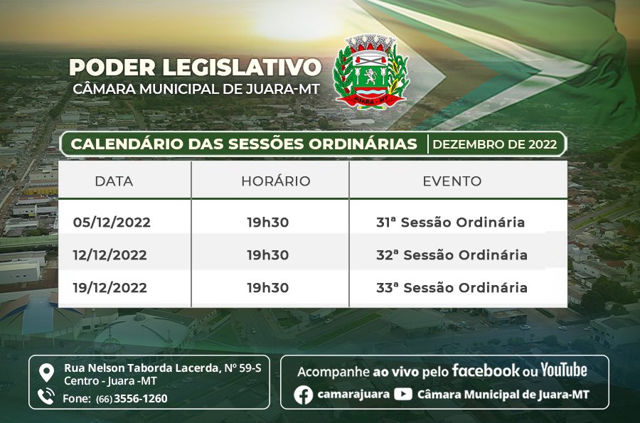 A Câmara Municipal de Juara, divulga o calendário das sessões ordinárias do mês de junho de 2022