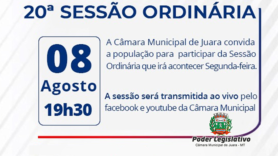 Acontecerá nesta segunda-feira, 08 de agosto às 19h30 a 20ª Sessão Ordinária do Poder Legislativo em 2022