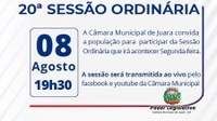 Acontecerá nesta segunda-feira, 08 de agosto às 19h30 a 20ª Sessão Ordinária do Poder Legislativo em 2022