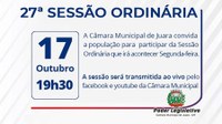 Acontecerá nesta segunda-feira, 17 de outubro às 19h30 a 27ª Sessão Ordinária do Poder Legislativo em 2022