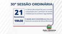 Acontecerá nesta segunda-feira, 21 de novembro às 19h30 a 30ª Sessão Ordinária do Poder Legislativo em 2022