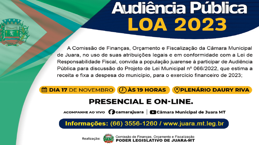 Através da Comissão de Finanças, Orçamento e Fiscalização a Câmara Municipal realizará Audiência Pública para discussão da LOA 2023