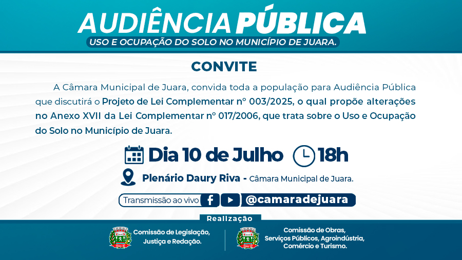 Convite: Audiência Pública para debater mudanças na legislação de Uso e Ocupação do Solo