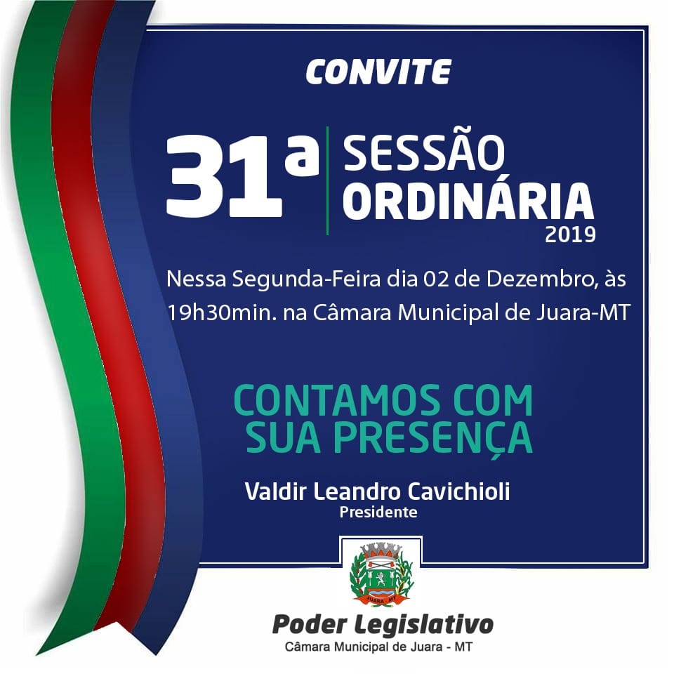 Segunda-feira, 02 de dezembro de 2019 tem Sessão Ordinária na Câmara Municipal.